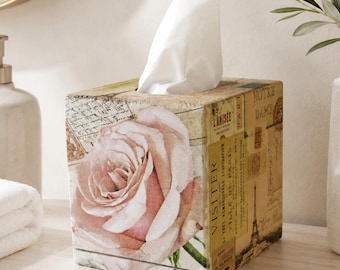Rose Paris Tissue Box Cover: Square Wood Decoupage