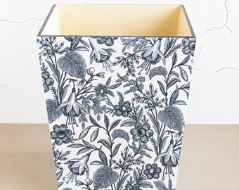 White Black Floral Wooden Waste Basket, Vintage Botanical Trash Can