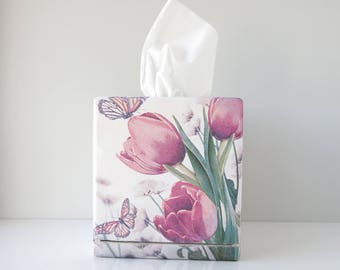 Tissue box cover Wooden tissue holder Tulips tissue box Square tissue cover Closing tissue box