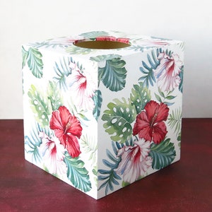 Tissue box cover with hibiscus flowers Tissue box holder Tropical tissue box Wooden tissue box Decoupage tissue box Cube tissue box cover
