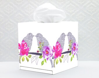 Decoupage Wooden Tissue Box Cover, Birds & Flowers Design