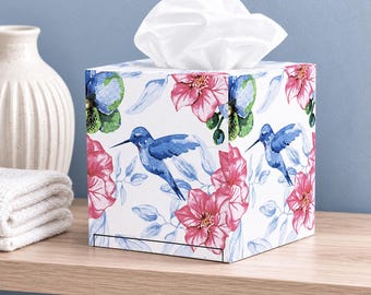 Tissue box cover Hummingbird tissue box Wooden tissue holder Square tissue box Decoupage tissue box Floral tissue box