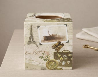 Paris Themed Wooden Tissue Box Cover: Decoupage Travel Decor Home Accent