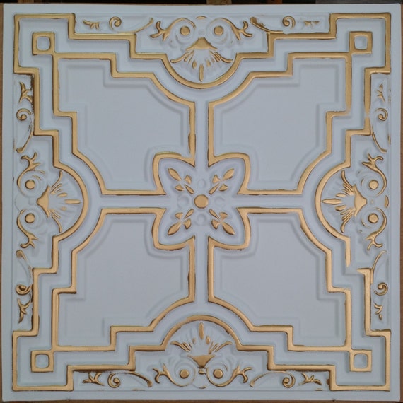 Pl16 Faux Tin 3d Relief Ceiling Tiles White Gold Interior Etsy