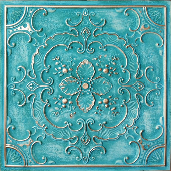 Pl19 Faux Tin Cyan Gold Ceiling Tile 3d Embossed Photography Etsy