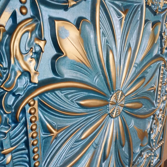 Ceiling Tiles Faux Painted Cyan Gold Color Pl10 10tiles Lot Etsy