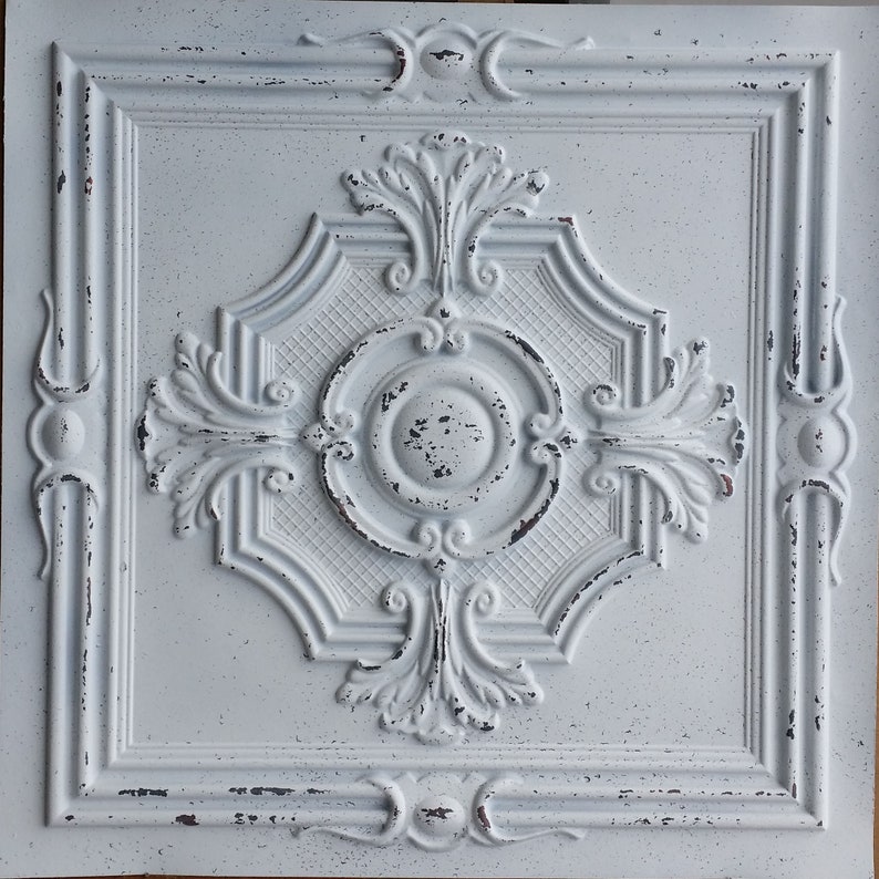 Ceiling tile faux tin painted distress crack white copper PL38 Etsy