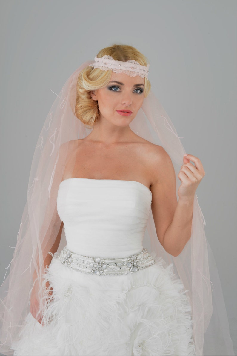 Blush Pink Veil With Ostrich Feathers and Crystals Pink Veil Etsy