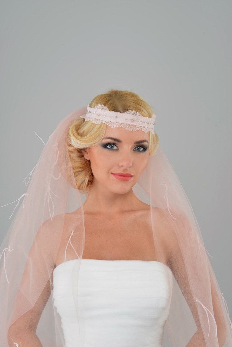 Blush Pink Veil With Ostrich Feathers and Crystals Pink Veil Etsy