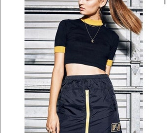 LF Nylon Windbreaker Mini Short Skirt Zipper Front Elastic Waist Black XS 148