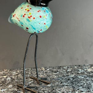 Aqua Blue Glass Bird with Metal Legs – Art Glass Figurine
