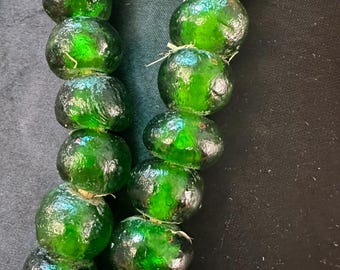 Vintage African Green Recycled Glass Beads | Handcrafted Ghanaian Trade Beads | Rustic Boho Jewelry Making Supplies