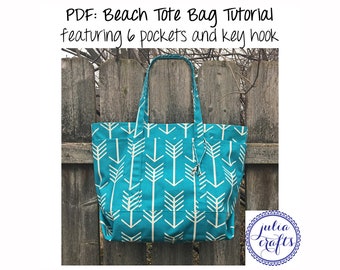 PDF Tote Bag Beach Bag Pattern Tutorial - features 6 pockets and key hook