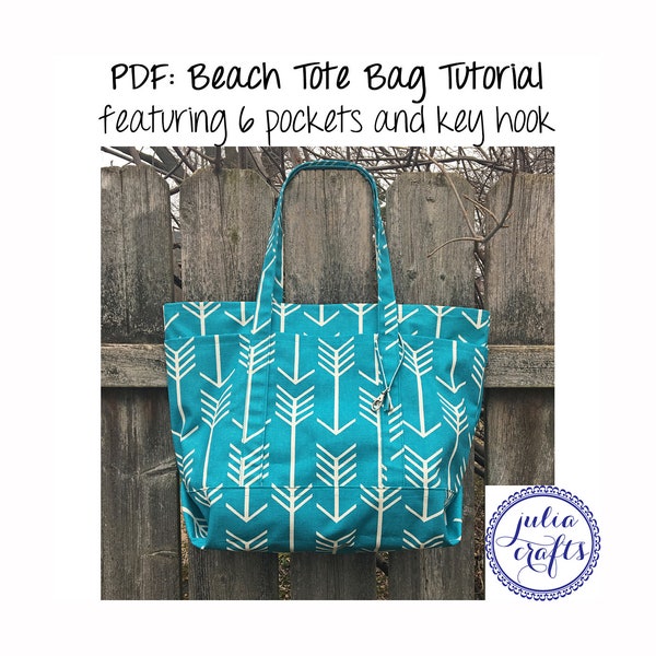 PDF Tote Bag Beach Bag Pattern Tutorial - features 6 pockets and key hook