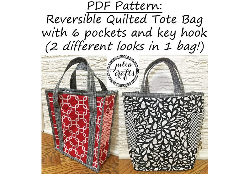 pdf pattern reversible quilted tote bag with 6 pockets and