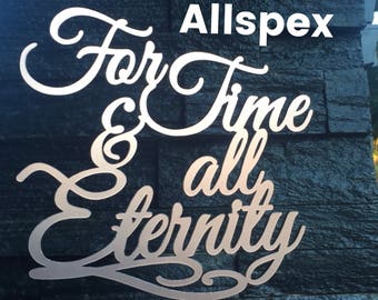 Wedding Cake Topper reads: For Time & All Eternity