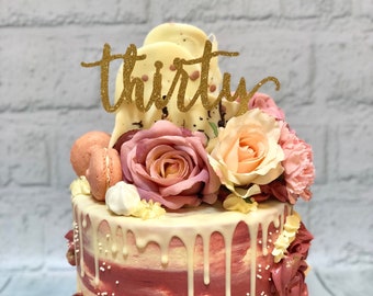 30th Birthday Cake Topper  reads: Thirty