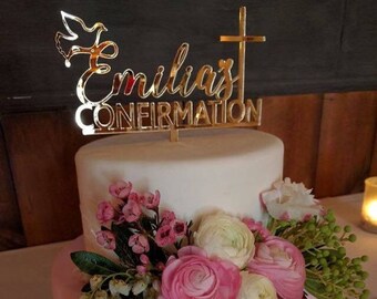 Personalised Confirmation Cake Topper with a dove and cross
