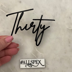 May include: Black acrylic cutout of the word "Thirty" in a cursive font. The cutout is being held by a hand. A small white rectangle with the text "#ALLSPEX" is in the lower right corner of the image.