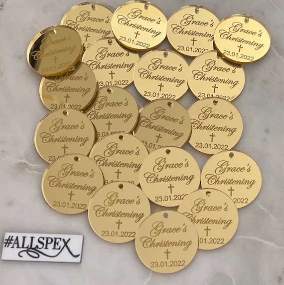 Acrylic Laser Engraved Round Circle Christening Gift/favour Event Keepsake  Tags Available in Gold or Silver Mirror Acrylic Pack of 10 