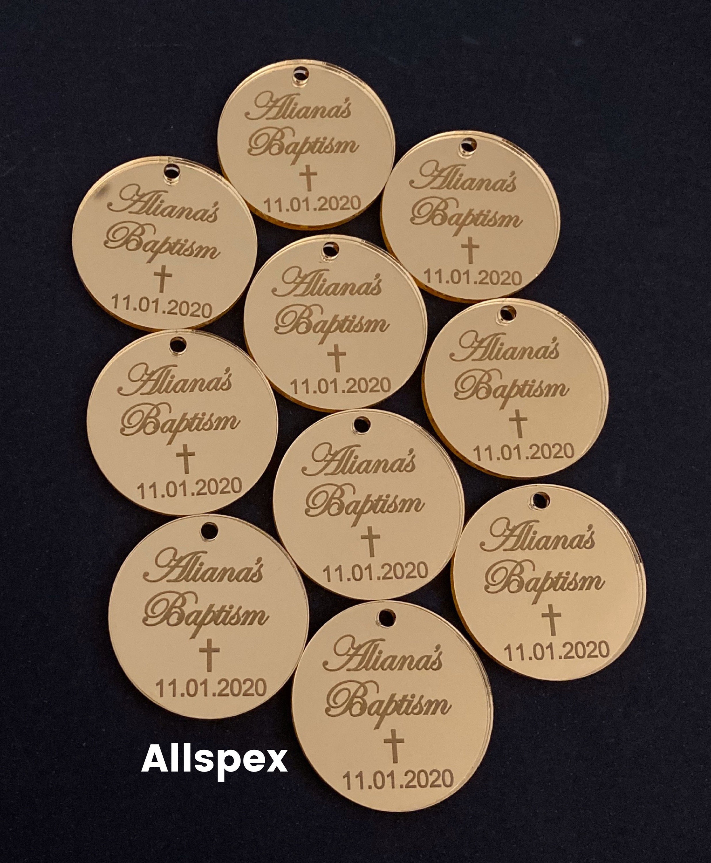 Acrylic Laser Engraved Round Circle Christening Gift/favour Event Keepsake  Tags Available in Gold or Silver Mirror Acrylic Pack of 10 