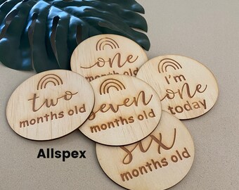 Rainbow laser engraved Baby Monthly Milestone wooden disc