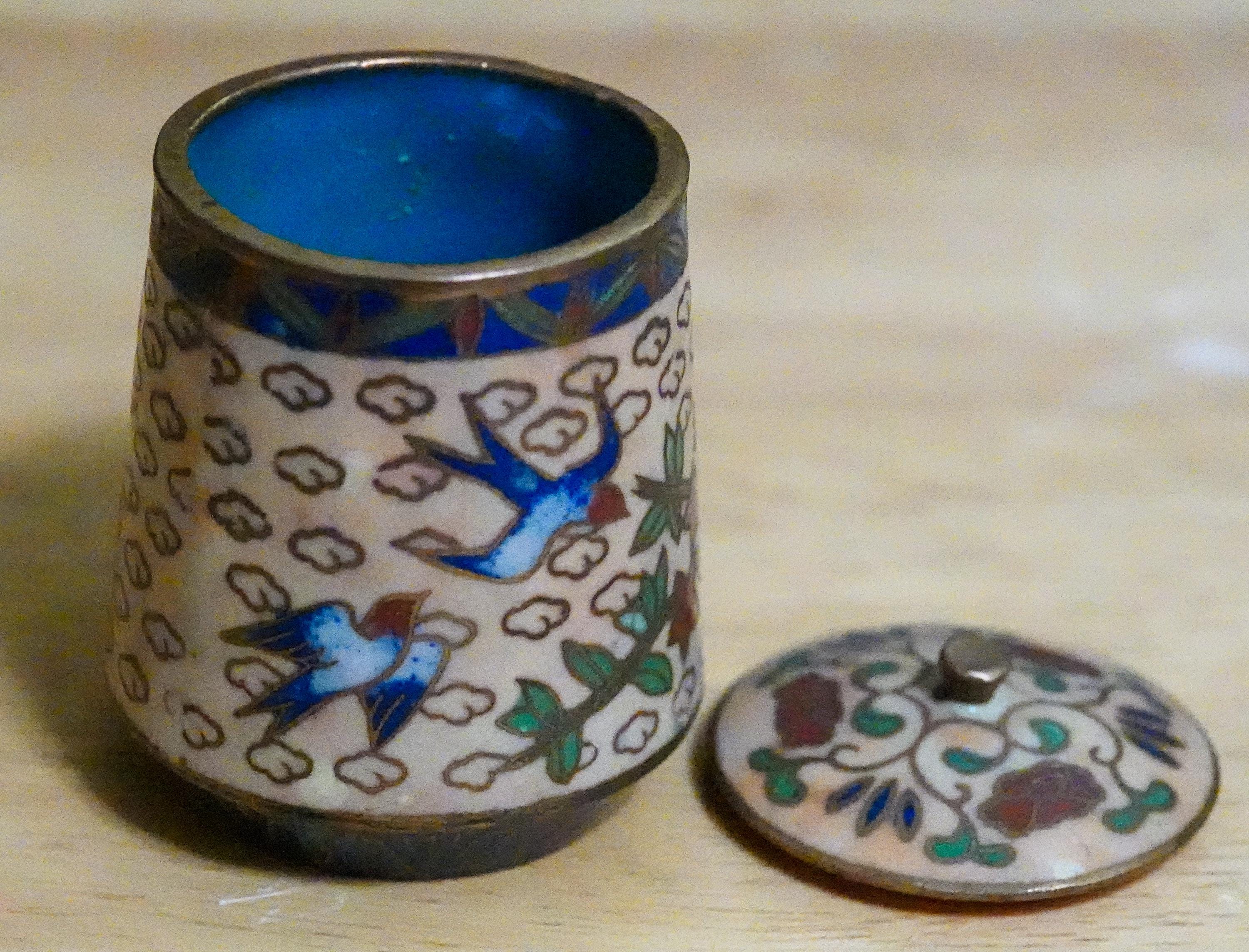 アンティークミニ七宝焼き壺/蓋付き壺、鳥と花付き - Etsy 日本