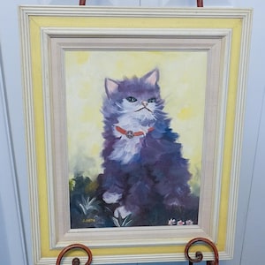 Purple Cat sitting in a Field.   Original Oil Painting Art.   Framed and ready to hang.   Frame measures 18&quot; x 22&quot;