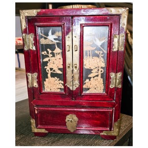 Vintage Chinese Red Lacquer Carved Cork Diorama Jewelry Box, Padded drawers
