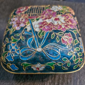 Vintage Square Cloisonne; Flowered Trinket Box with Flower inside lid - 4&quot; sq.