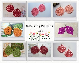 Crochet 8-earring patterns pack 25% discount-Thread crochet earring patterns-Instant Download/PDF file