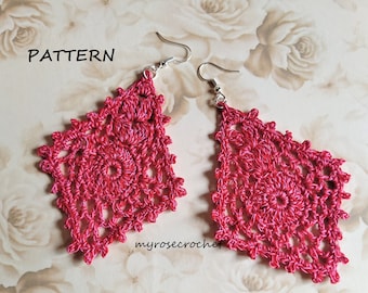 May include: A pair of handmade, hot pink crochet earrings. The earrings have a geometric, openwork design with a central circular motif. The word "PATTERN" is in the upper left corner, and the text "myrosecrochet" is in the lower right corner.