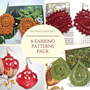 Crochet 4-earring patterns pack 20% discount-Thread crochet earring patterns-Instant Download/PDF file