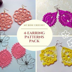 Crochet 4-earring patterns pack- C, 20% discount-Thread crochet earring patterns-Instant Download/PDF file