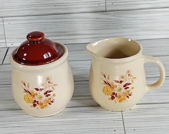Vintage sugar and creamer set, beige and brown, cottagecore,country