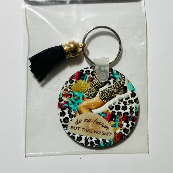 Key Ring, Do no Harm but Take no Shit Key Ring, Round Key Ring, Cheeta Boots