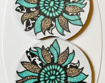 Car Coasters, Set of 2, Turqoise, Cow print and Cheeta print Daisy, Neoprene