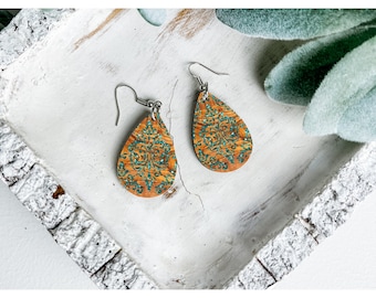 Teardrop Earrings, Turquoise Scroll