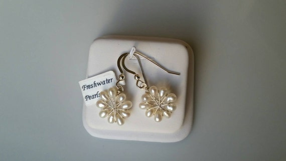 Bahai Jewelry Freshwater Pearl Nine Pointed Star Sterling Silver Wirewrapped Earrings Handmade Baha/'i Star Symbol Gemstone Earrings