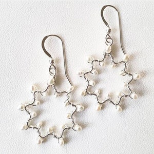 Bahai Jewelry Freshwater Pearl Nine Pointed Star Sterling Silver Wirewrapped Earrings Handmade Baha/'i Star Symbol Gemstone Earrings
