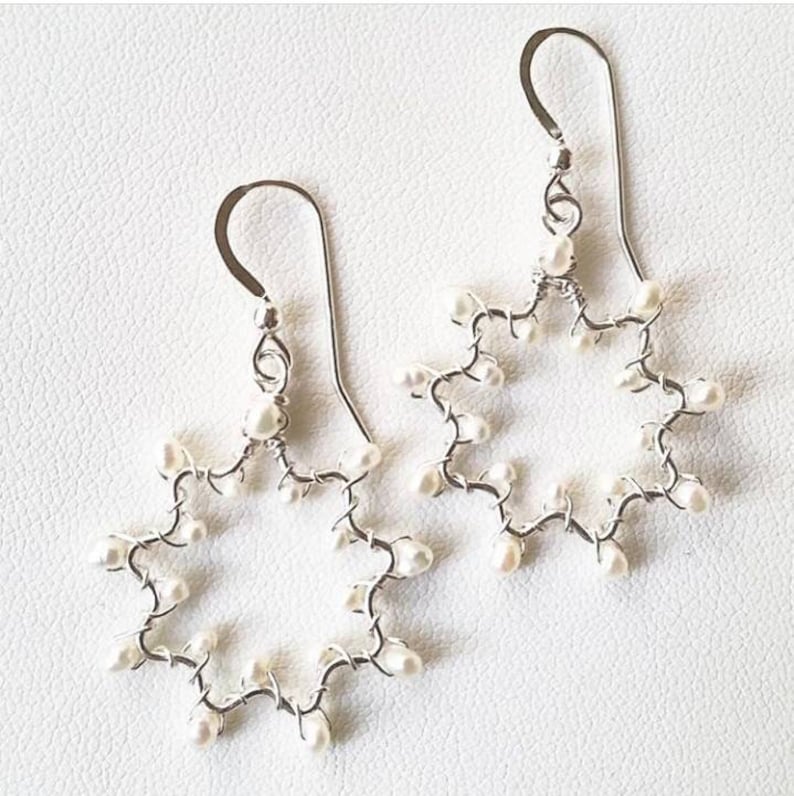 Bahai Jewelry Freshwater Pearl Nine Pointed Star Sterling Silver Wirewrapped Earrings Handmade Baha/'i Star Symbol Gemstone Earrings