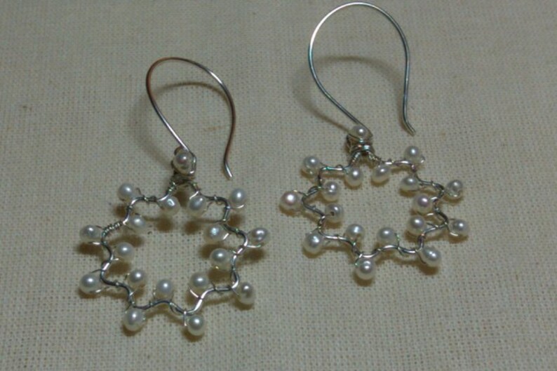 Bahai Jewelry Freshwater Pearl Nine Pointed Star Sterling Silver Wirewrapped Earrings Handmade Baha/'i Star Symbol Gemstone Earrings