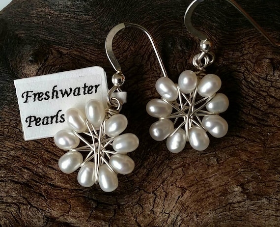 Bahai Jewelry Freshwater Pearl Nine Pointed Star Sterling Silver Wirewrapped Earrings Handmade Baha/'i Star Symbol Gemstone Earrings
