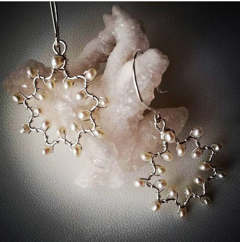 Bahai Jewelry Freshwater Pearl Nine Pointed Star Sterling Silver Wirewrapped Earrings Handmade Baha/'i Star Symbol Gemstone Earrings