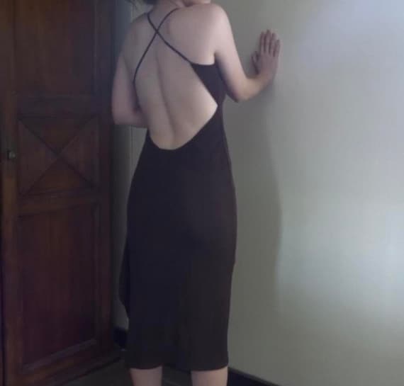 Vintage Y2K Brown Jersey Low Back Dress Asymmetri… - image 1