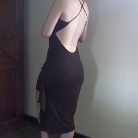 Vintage Y2K Brown Jersey Low Back Dress Asymmetri… - image 2