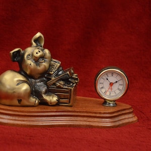 Bronze Pig with Money Chest Alarm Table Clock