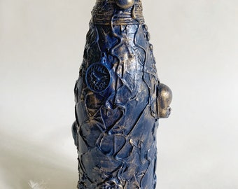 Decorated Bottle. Wine Glass Bottle. Decoupage Bottle. Vintage Art.Home Decor. Unique Gift. Table Display. Vase. Centerpiece.