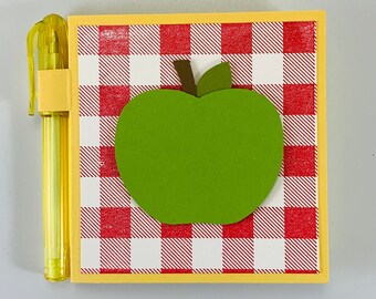 Back To School Apple Sticky Note Pad Holder - A+ Teacher Gift - Fall Green Apple & Checkered 3" x 3" Sticky Note Holder With Pen