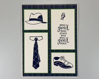 Happy Birthday Dad, Father, Pop - Masculine Handmade Greeting Card - Father's Day - Black/Gray Argyle Card - Hat, Tie & Shoe Card